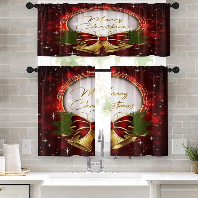 Merry Christmas Kitchen Curtains Gold Bell Window Curtains and Valances Set 36 Inch, Happy New Year Short Tier Curtain for Kitchen, Small Kitchen Decor
