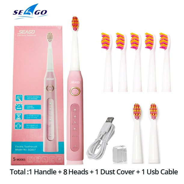 Seago Sonic cepillo de dientes eléctrico SG-507 para adultos cepillo con temporizador 5 modos Micro USB recargable cepillo de dientes conjunto de cabezales de repuesto Tan Jianjun unisex
