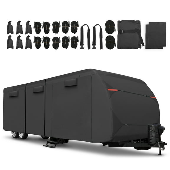 Unique Bargains 1 Set Waterproof RV Travel Trailer Cover Fits 27'-30' with Extra Windproof Ropes and Gutter Covers, Black