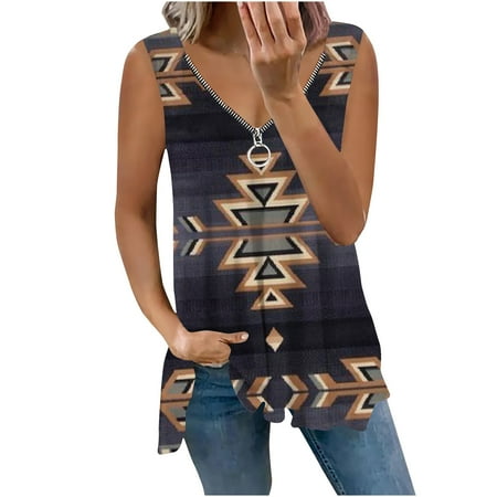 

Sleeveless Tops for Women Summer Vintage Western Aztec Zip Up V Neck Tunic Tank Shirts Scrub Undershirts Long Sleeve Women
