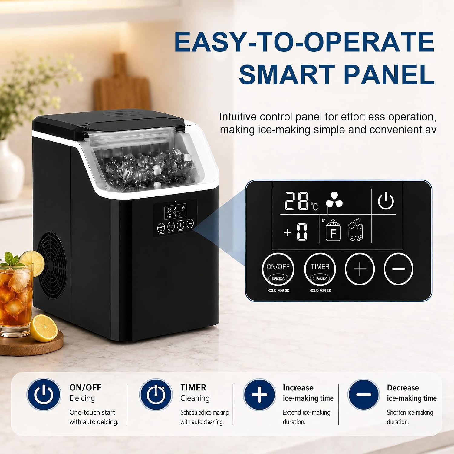 Countertop Square Ice Cube Maker Machine 45lbs/Day, 24 Cubes Per Cycle 6-13 Mins Fast Ice, Timer Auto Self Clean Manual & Auto Water Connect for Home Bar Office