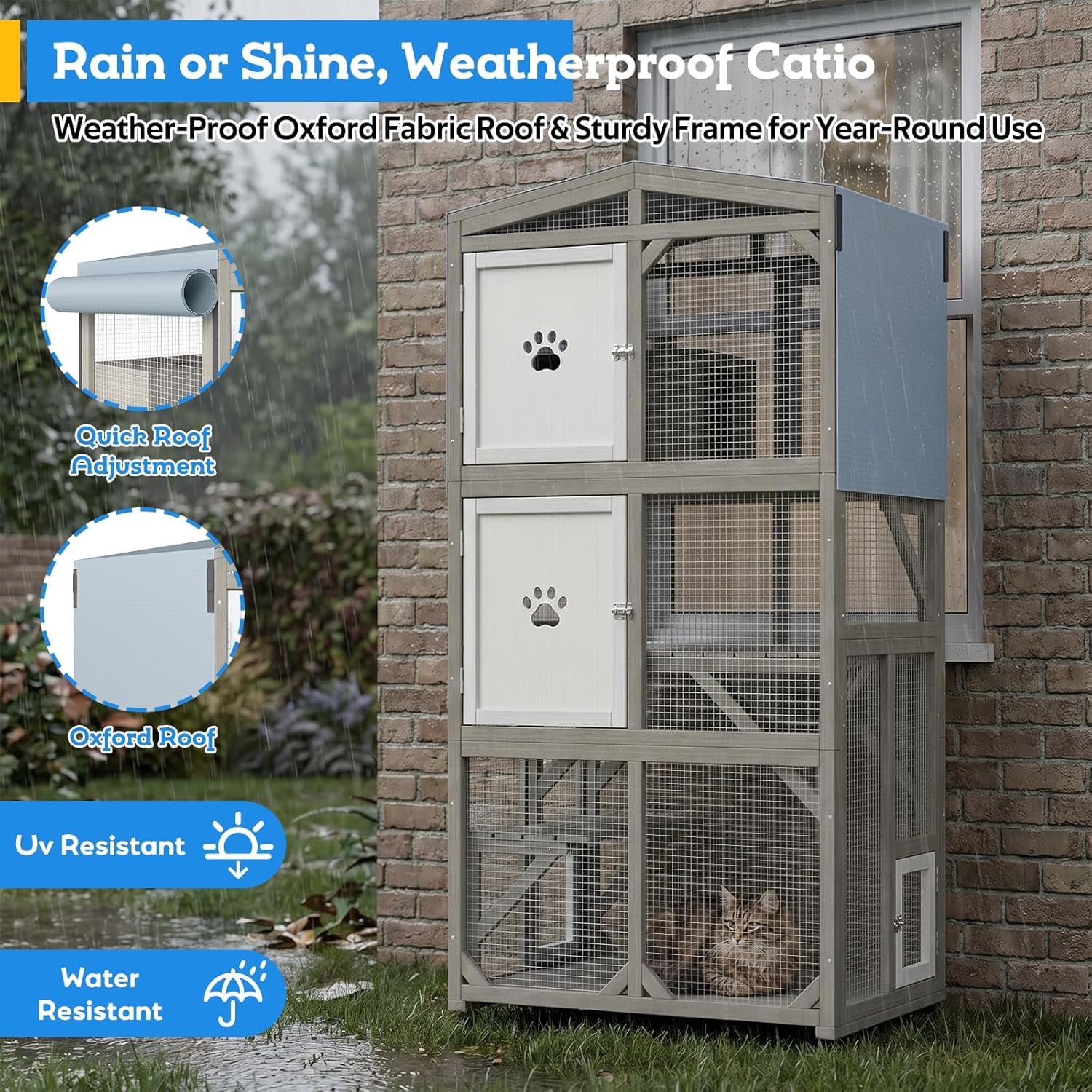 66" Tall Portable Catio Outdoor Cat Enclosure with Wheels, Window Connection Cat House, 4-Tier Activity Center with Acrylic Pod