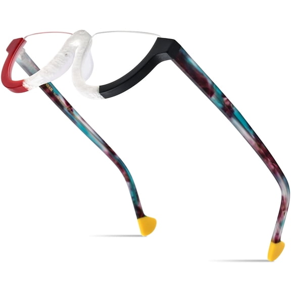 HEPIDEM Matte Multicolor Acetate Glasses Frame Women,Semi Rimless Half Round Optical Eyeglasses (9361 Red Black C1)