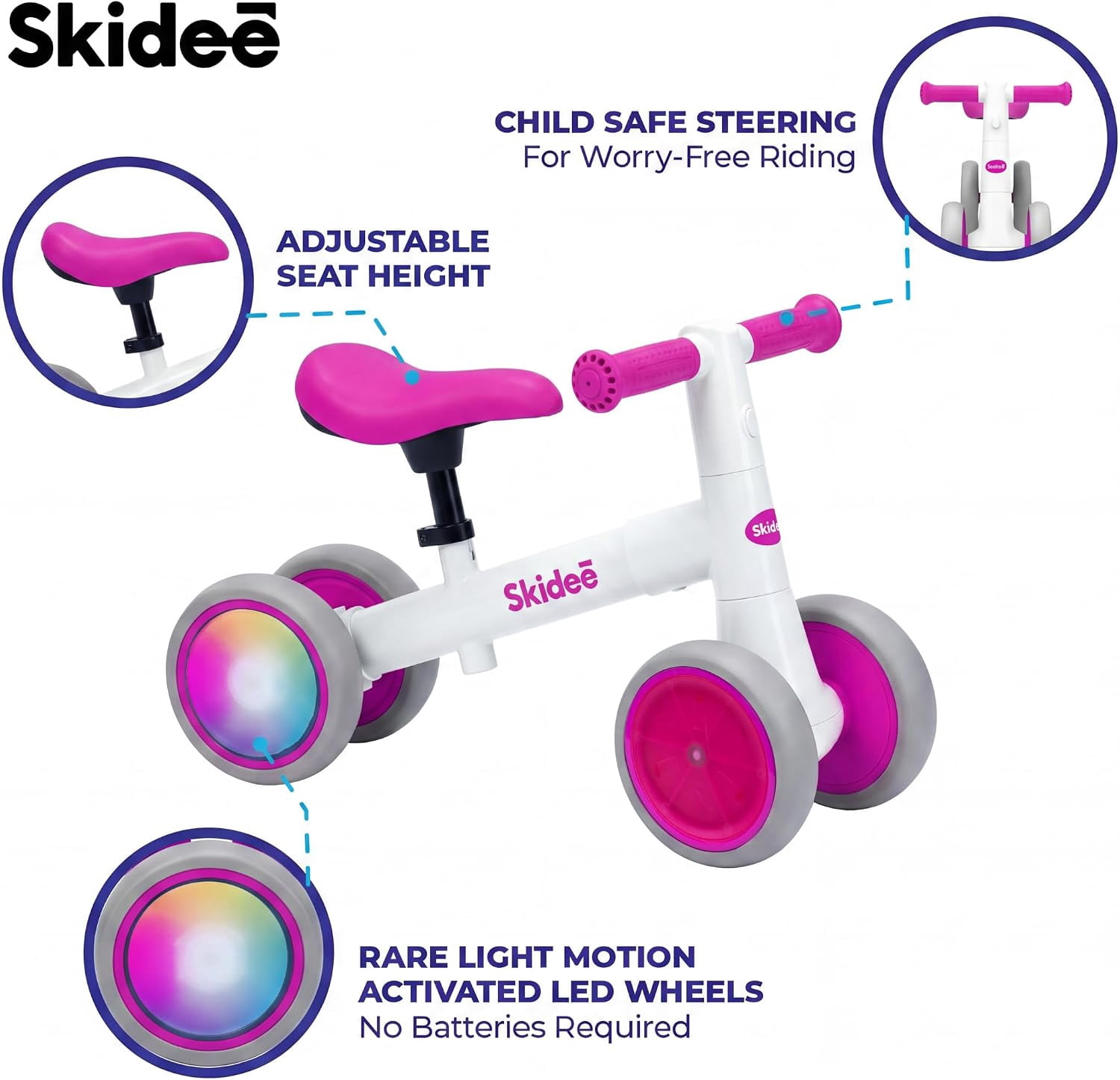 Skidee Toddler Balance Bike 1-3, 4-Wheel Balance Bike with Rare Light-Motion-Activated LED Wheels, Adjustable Height & Child Safe Steering, Lightweight Ride-On Toy Training Bike for Boys & Girls