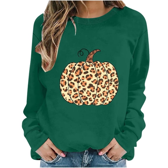 Halloween Sweatshirts for Women Yotami Crewneck Loose Long Sleeve Shirts for Holiday Cute Pumpkin Print Fall Clothes (Army Green, L)