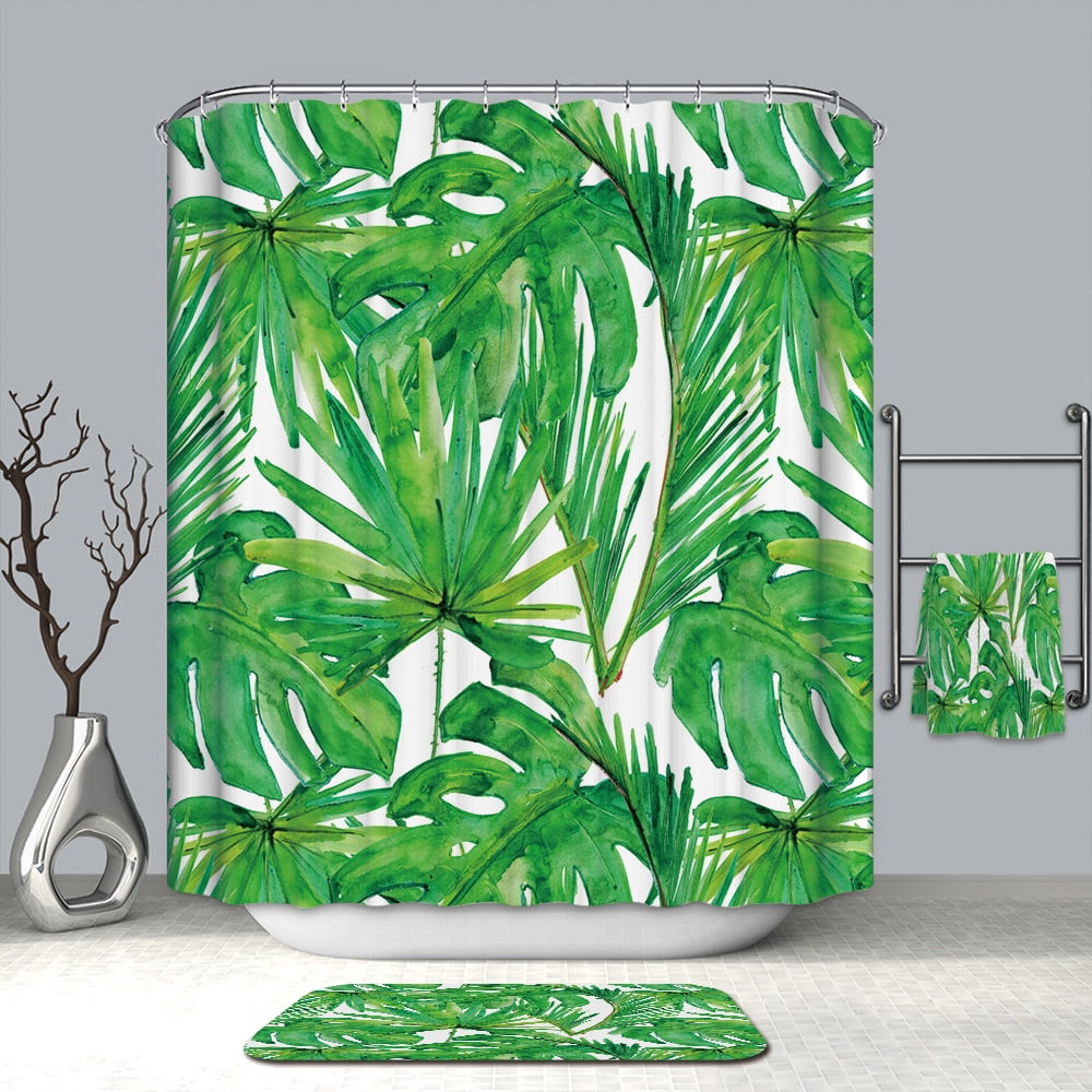 Leaf Fabric Shower Curtain With 12 Hooks Greenery Yellow And Green 