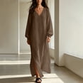 thumbnail image 2 of Cotton Linen Maxi Dress for Women Solid Color Flowy Long Sleeve V Neck Dress with Side Split & Relaxed Silhouette, 2 of 6