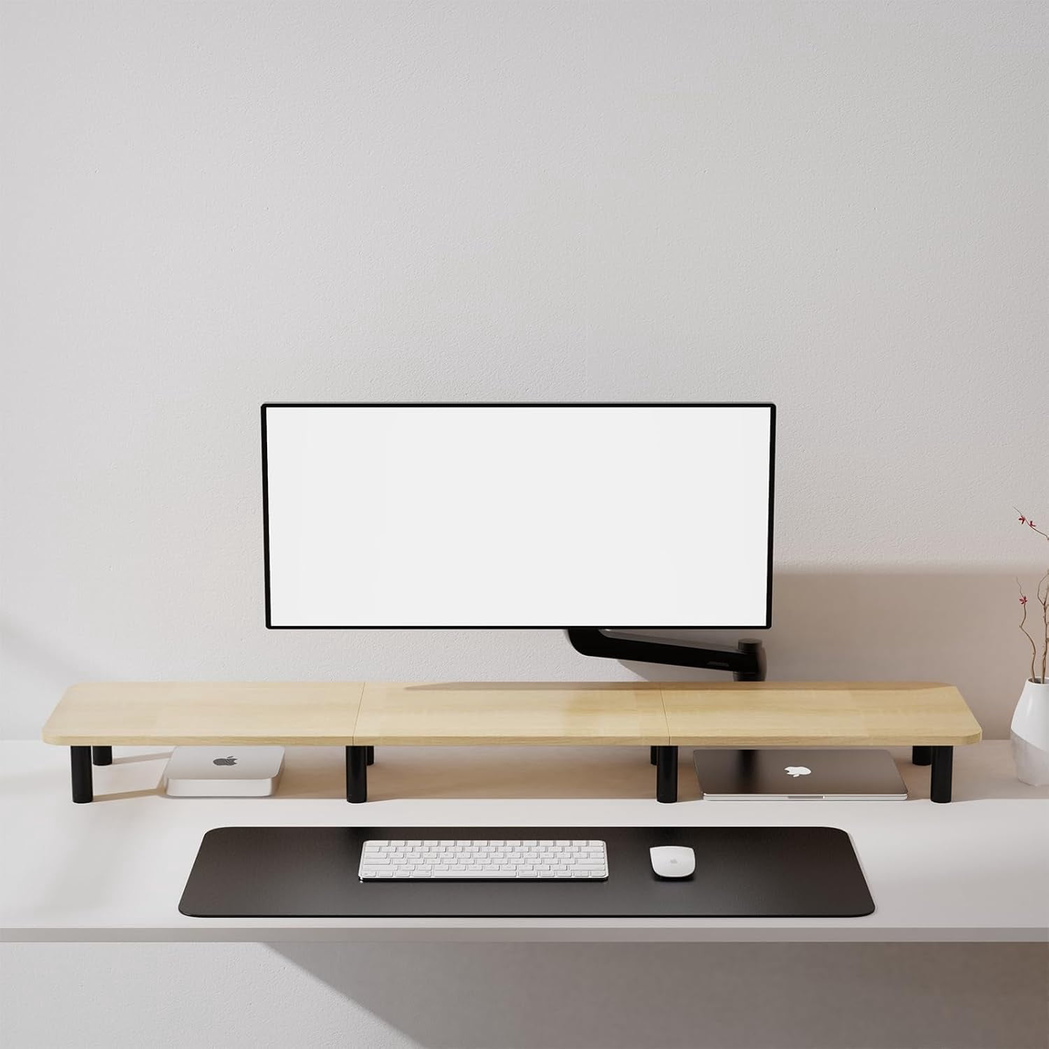Extra Long Dual Monitor Stand - 43.7 Inch Wide Wood and Steel Desktop Riser for Home Office Desk Organization