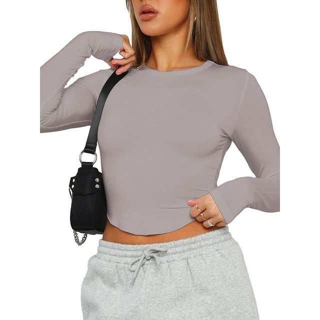 xiaxaixu T-Shirts Courts Ajustés pour Femmes Manches Longues Col Rond Ourlet Incurvé Couleur Unie Blouses Habillées