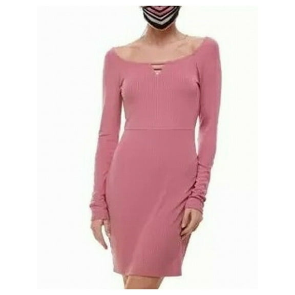 PLANET GOLD Womens Pink Long Sleeve Scoop Neck Short Body Con Dress S