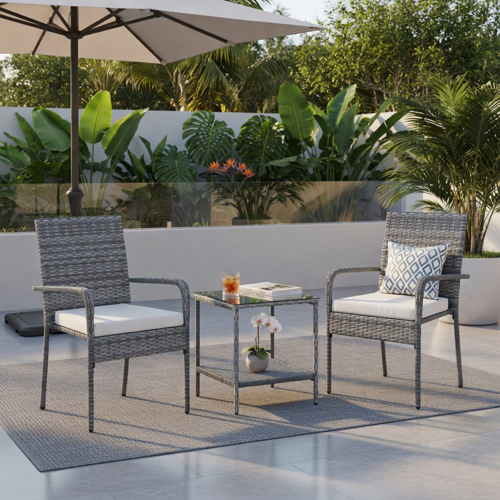 Hommoo 3-Piece Modern PE Rattan Patio Furniture Set with Cushions, Tempered Glass Tabletop, and Reinforced Metal Frame, Ideal for Balcony, Porch & Backyard, White