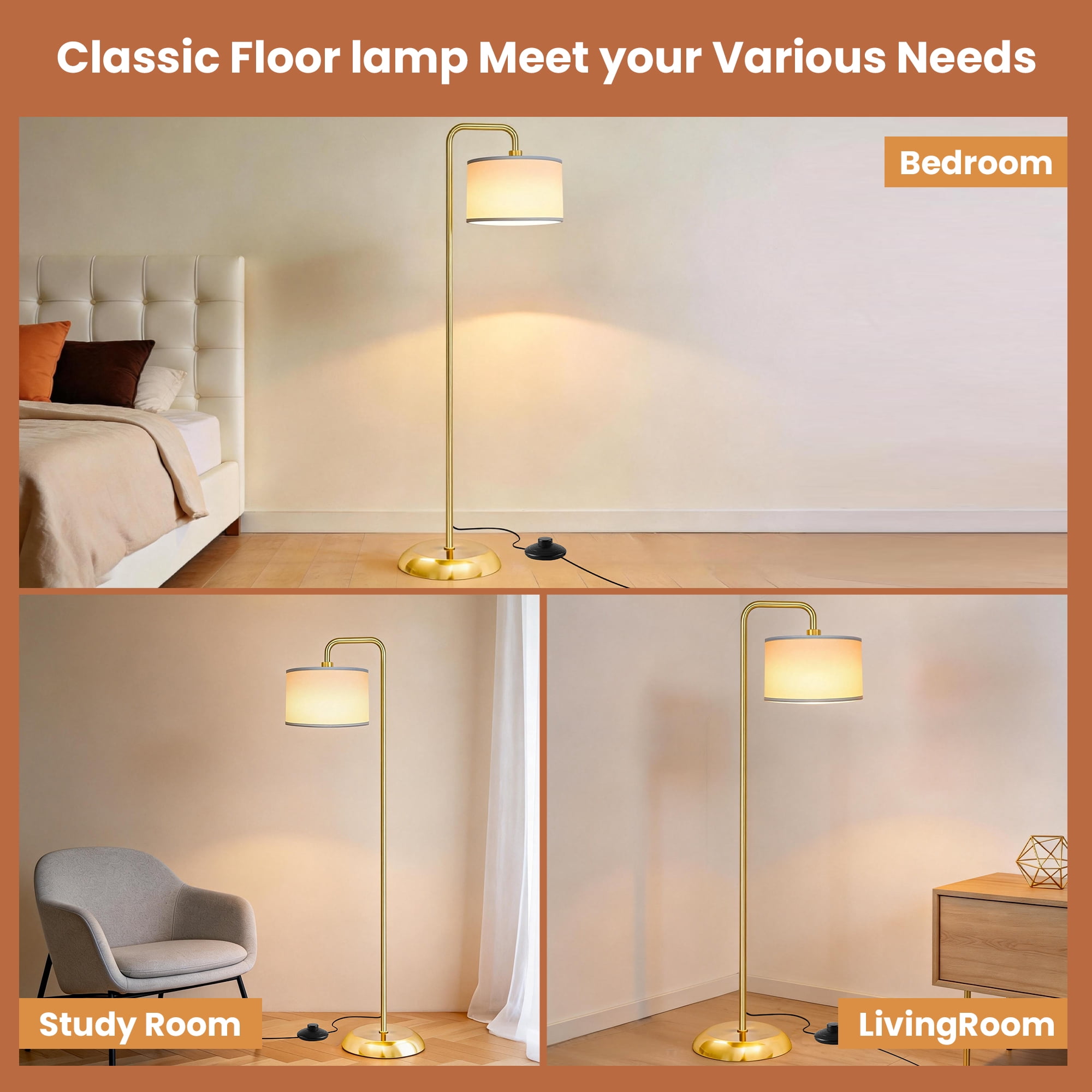 DAYBETTER Floor Lamp for Living Room, Tall Standing Lamp with 3 Color Temperatures, 850 Lumens LED Bulb, Foot Switch, Modern Metal Pole with White Shade for Bedroom, Office (Golden)