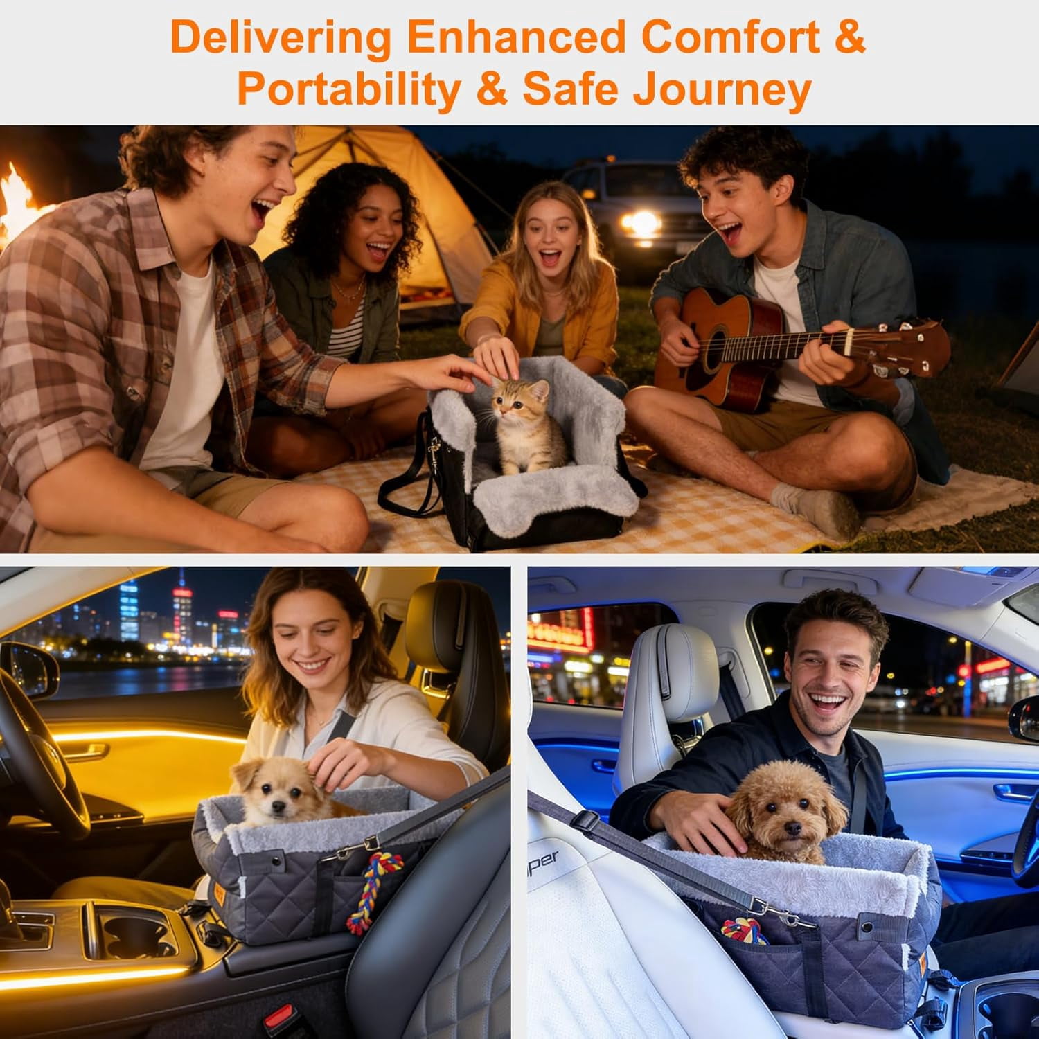 Center Console Dog Car  for Small Dogs  to 10 lbs, Plush Pet Booster  with Safety Leash, Adjustable Straps, Storage Pocket, Portable Car  for Puppies, Black &