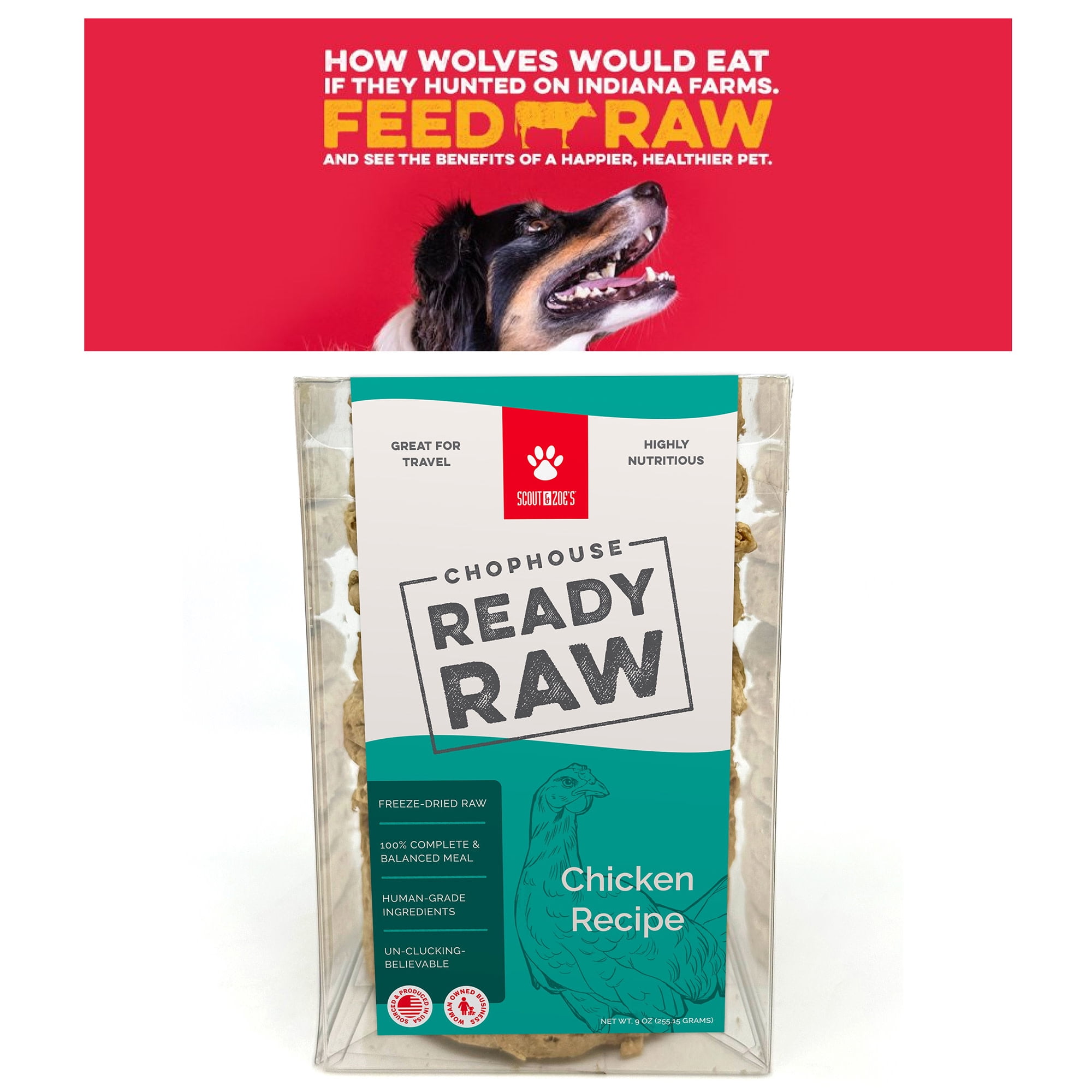 Scout & Zoe's: Chophouse Ready Raw - Chicken - 9 Dog Food Freeze-Dried Patties, Limited Ingredient Complete Pet Meal, Rehydrated Meat Patty = 1lb Food