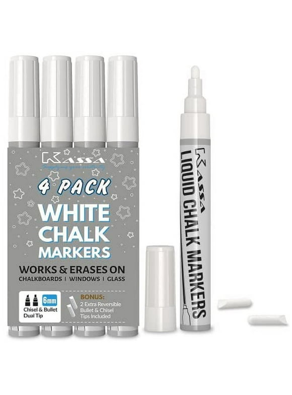Kassa White Chalk Markers (4 Pack) Liquid Chalkboard Pens: Erasable Blackboard, Classroom, Signs, Windows, Glass or Mirrors; Erasable Chalk Board Paint Marker with Reversible Dual Tip (Fine & Chisel)