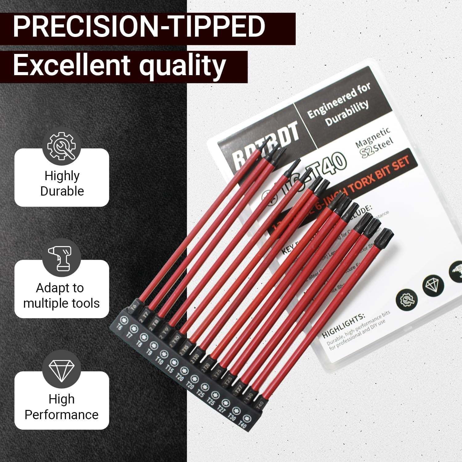 MKEUDQ-13-Piece Long Torx Bit Set, 6-Inch (150mm), Magnetic Torx Screwdriver Set (T6-T40), Magnetic S2 Steel, 1/4" Hex Shank, CNC Precision Tips for Impact Drivers, Drills, and Screwdrivers