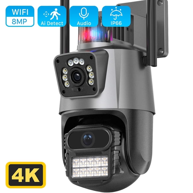 Cámara IP 4K de 8MP para exteriores, lente Dual PTZ, seguimiento automático, impermeable, videovigilancia de seguridad, alarma de luz policial