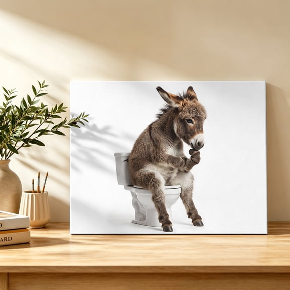 Donkey Sitting on The Toilet Thinking Canvas Wall Art, Abstract Funny Animal Wall Art Prints Artwork Framed Canvas Ready to Hang Art Pictures for Bathroom, Dressing Table, Entryway 12" x 8"