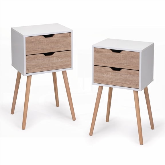 Modern 2-Drawer Nightstand with Solid Pine Legs - White Walnut (2pcs)