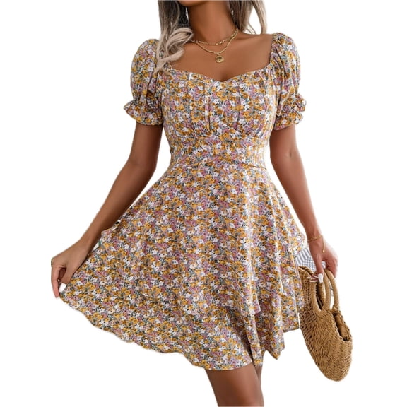 Women's Floral Sweetheart Neck Flounce Sleeve Mini Dress Chic Romantic Vacation Style Short Sleeves Lined 100% Polyester