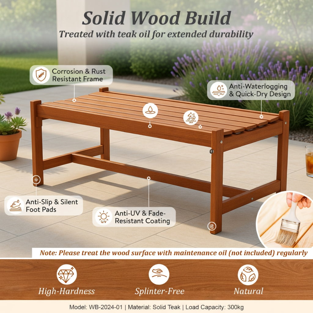 Hommoo 44" Outdoor Solid Hardwood Patio Bench, Teak Oil Finish, Ergonomic Slatted Seat, Easy Assembly, Natural