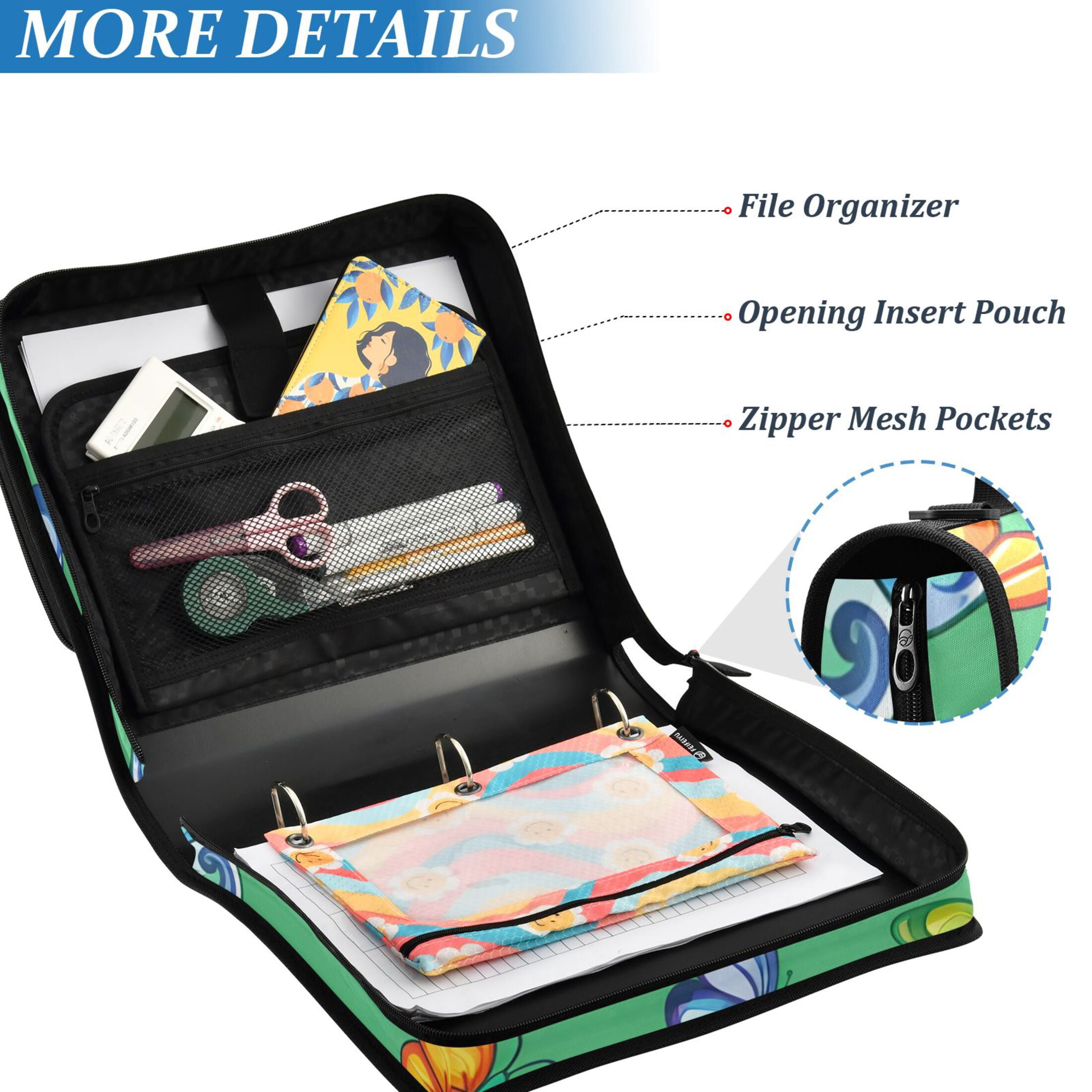 ALAZA Zipper Binder Butterflies on Green 3 Ring Trapper Keeper File Folder Organizer Bag