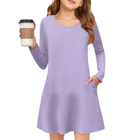 Girls' Solid Color Long Sleeve Dress Girls' Long Sleeve Dress - Solid Color Pocket Dress Light Purple 140