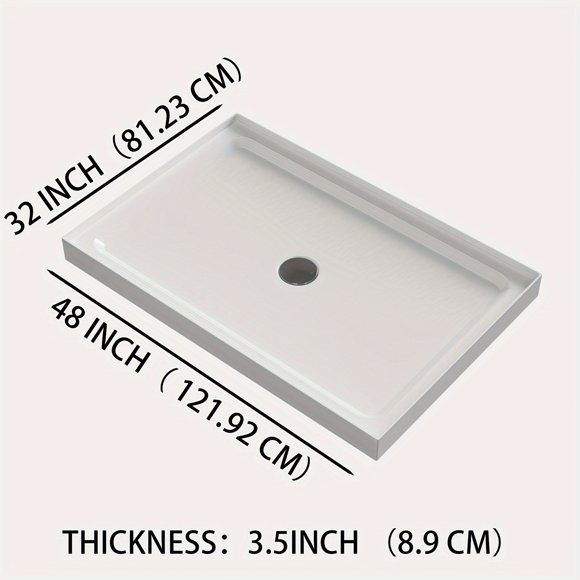 32"x48" Rectangular Acrylic Shower Base with 4 Rounded Corners, White, Built-In Flange Design, Center Drain for Easy Installation