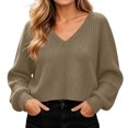 thumbnail image 4 of XRoczxe Women’s V‑Neck Long Sleeve Waffle Knit Crop Top, Casual Solid‑Color Loose Cropped Pullover Shirt, 4 of 9