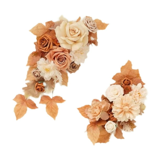 Juego de 2 piezas de arreglo floral rústico con adorno artificial para decoración frontal Champán naranja