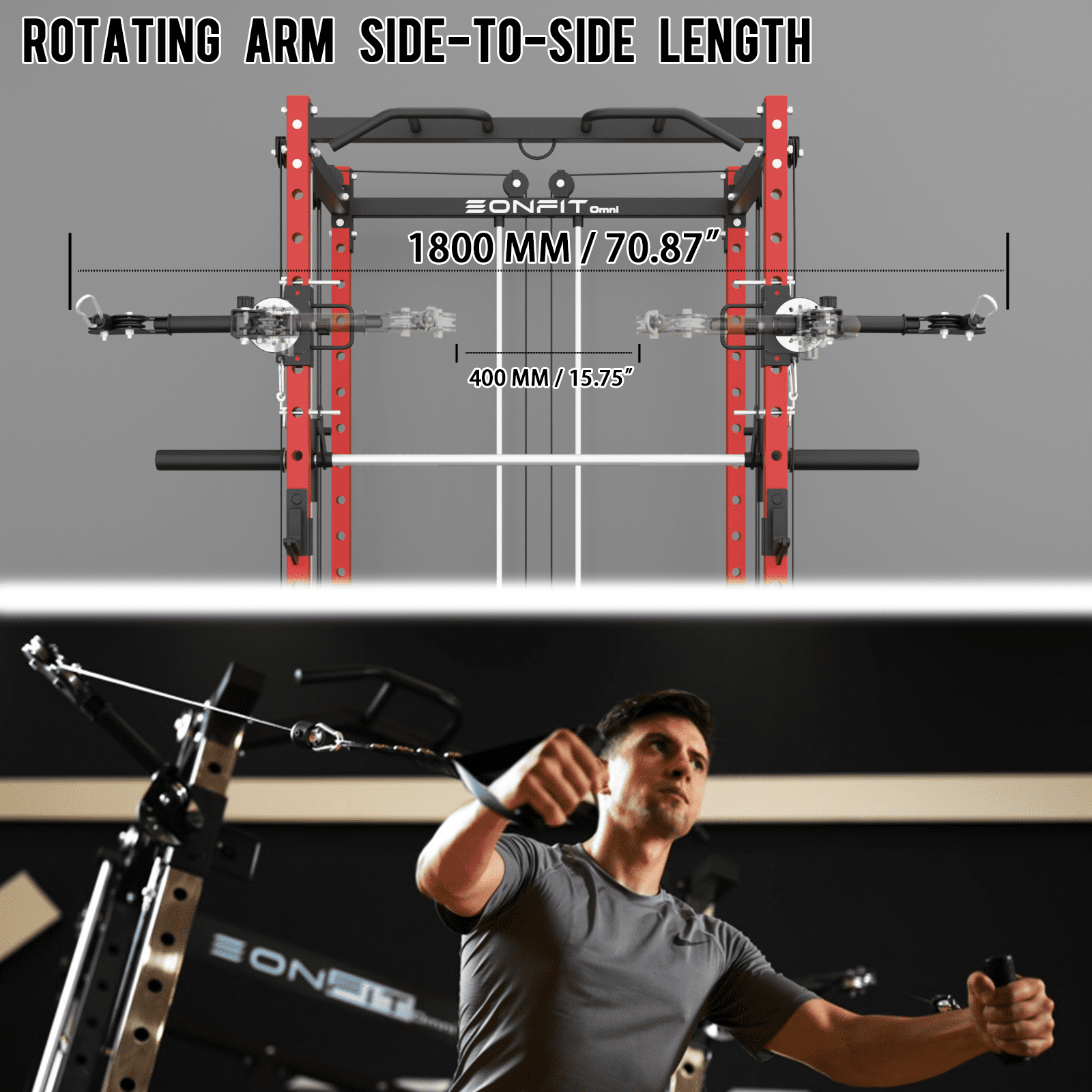 Eonfit E3 Smith Machine with 3D Rotating Arm for Home Gym Equipment, Multi-Function Power Cage Squat Rack with Cable Crossover LAT Pulldown Pulley System All in One (E3 RED PRO)