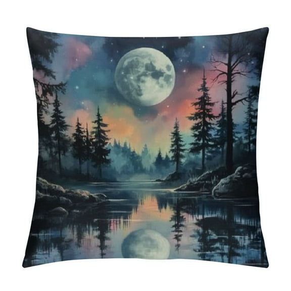 Sheronv Moon Lake Trees Graphic Decorative Cushion Cover for Home Couch Living Room Sofa Bedroom, Short Plush Material, Hidden Zipper, Pack of 1 12x12in