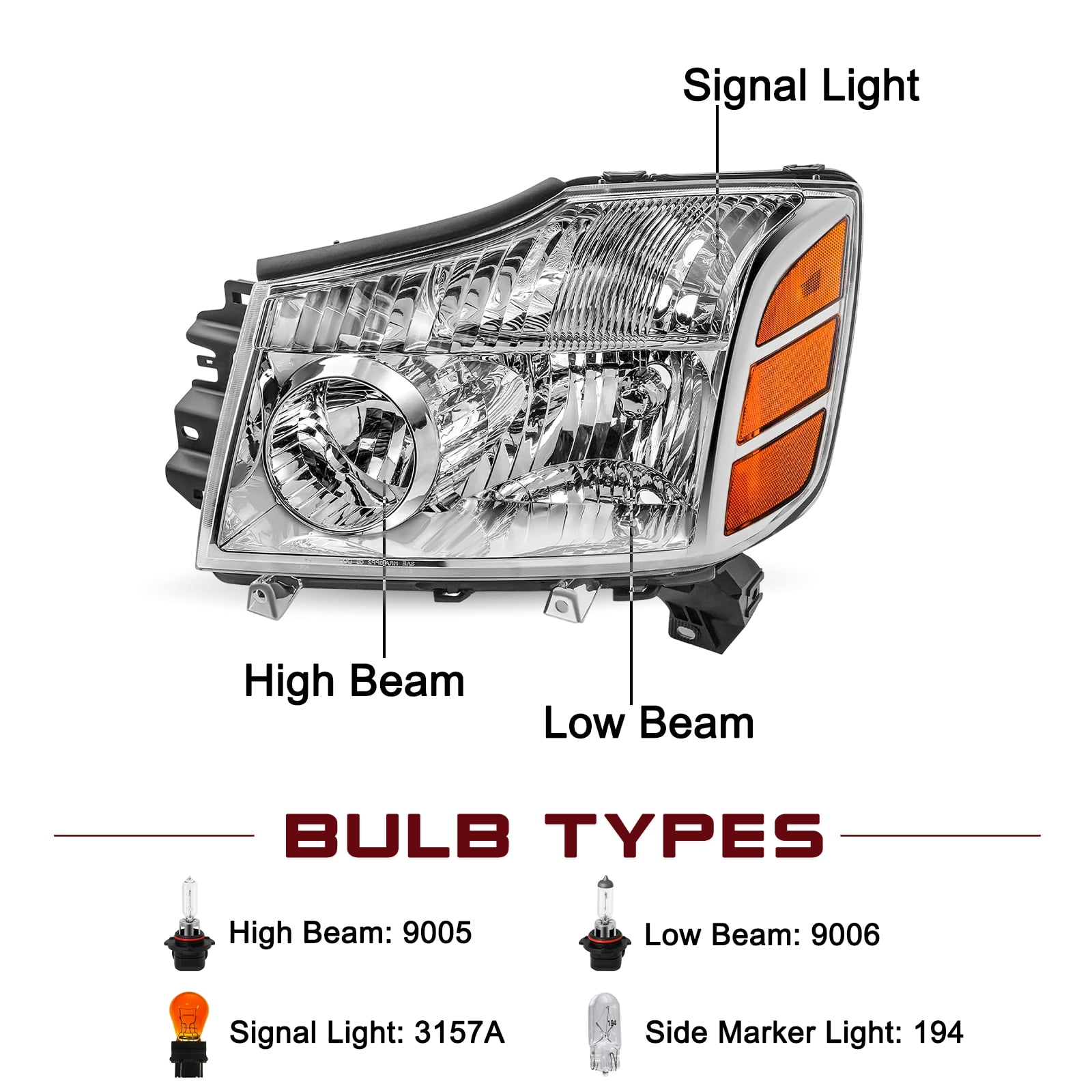 Bryght Halogen Headlights Fits 2004-2015 Nissan Titan, 2004-2007 Nissan Armada 1 Pack