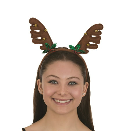 Child Reindeer Antlers Brown Headband Hat With Holly and Bells Costume Accessory