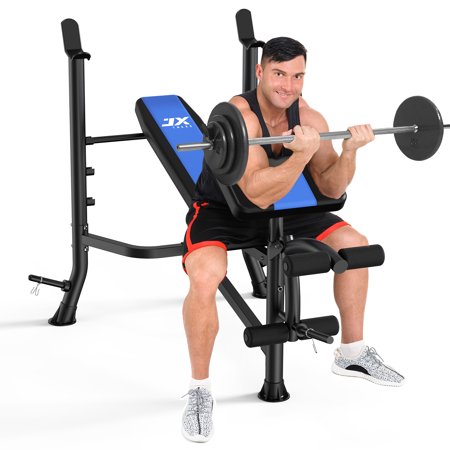 JX FITNESS Olympic Weight Bench with Rack, Press Rack with Leg Extension, Preacher Curl, and Weight Storage for Home Gym