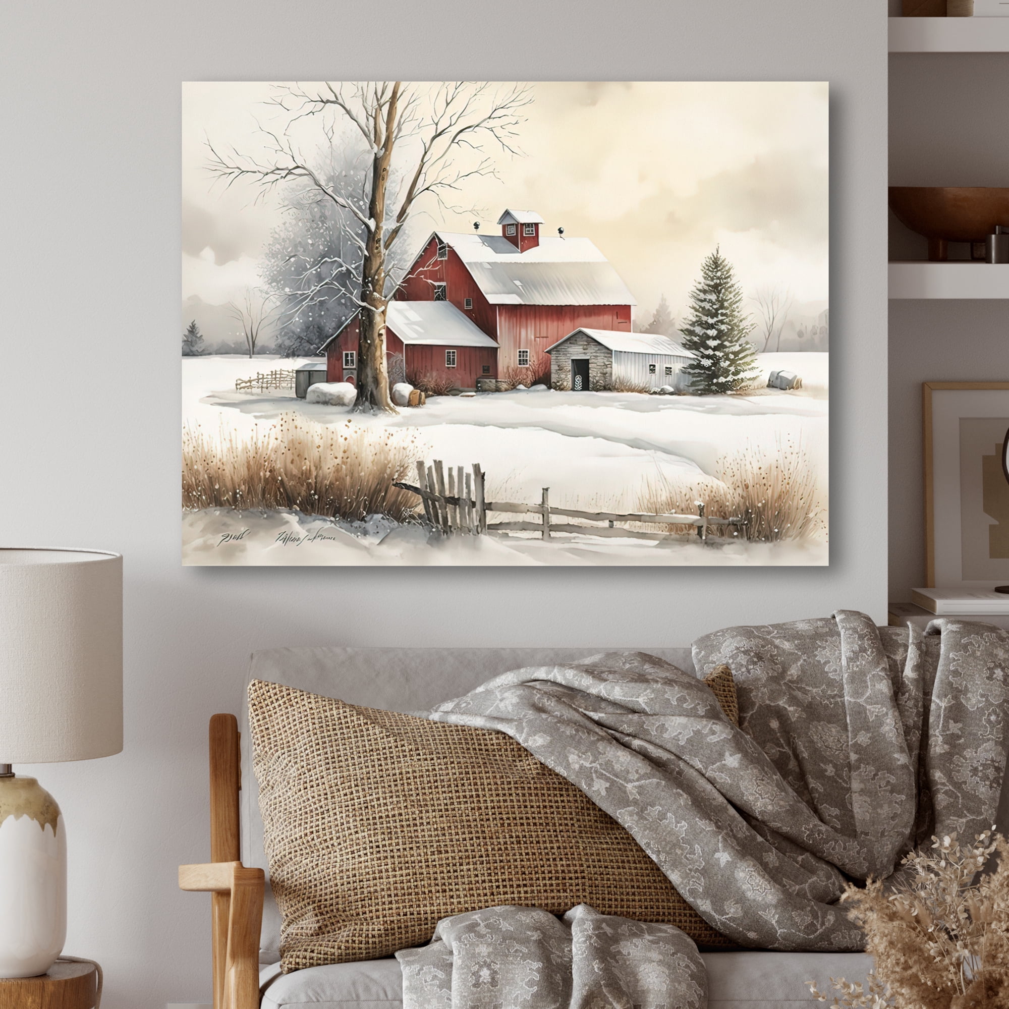 Designart Calm Red Barn In Winter IV Canvas Wall Art