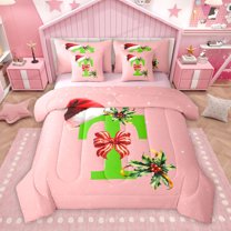 Homewish Kawaii Initial T Letter Bedding Comforter Set 7pcs, Christmas Hat Flower King Bedding Sets, Girly Pink Cartoon Reversible Bed Sheets, Super Cozy Room Decor