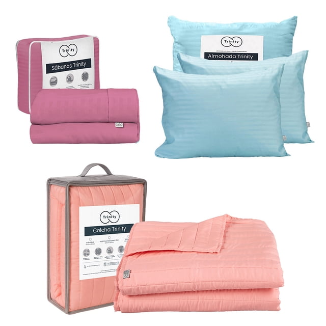 Colcha Matrimonial Acabado Ultrasónico Trinity Rosa + Juego de Sábanas Trinity + 2 Almohadas Trinity