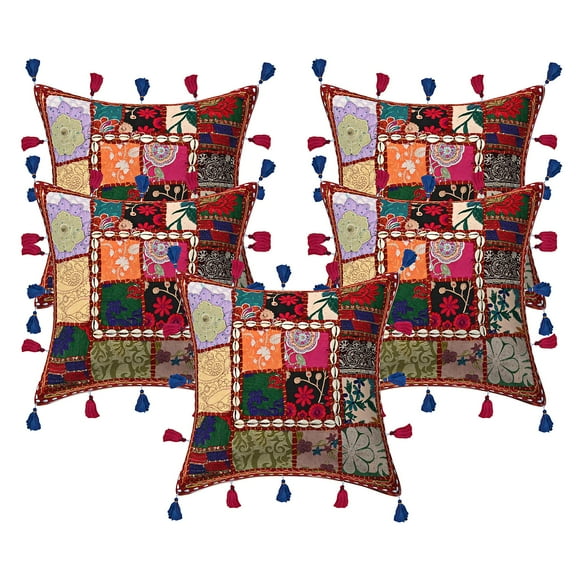 Stylo Culture Ethnic Chair Seat Throw Pillow Covers Patchwork 16x16 Embroidered Cowrie Sea Shell Tassels Maroon Hippie 40x40 cm Lounge Decor Cotton Floral Square Cushion Covers | Set Of 5