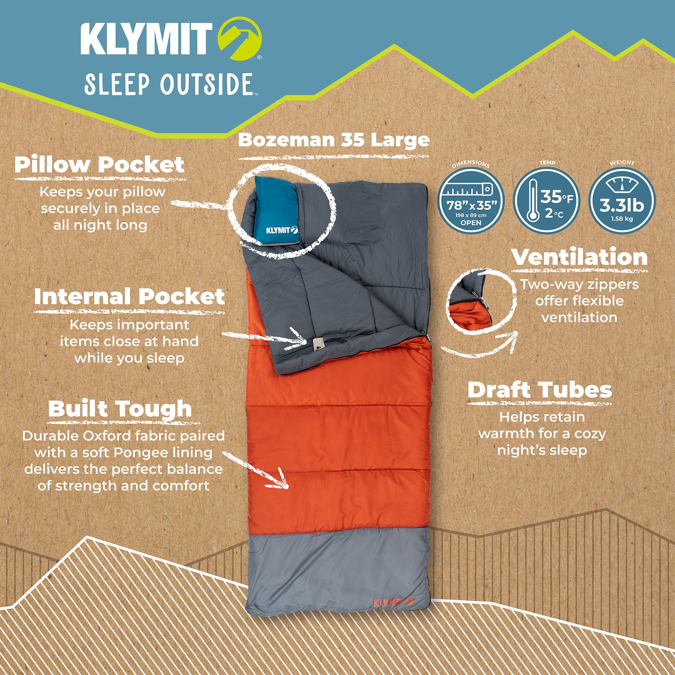 Klymit Bozeman 35 Degree Lightweight Adult Sleeping Bag, 3-Season Warmth for Camping, Backpacking, and Travel