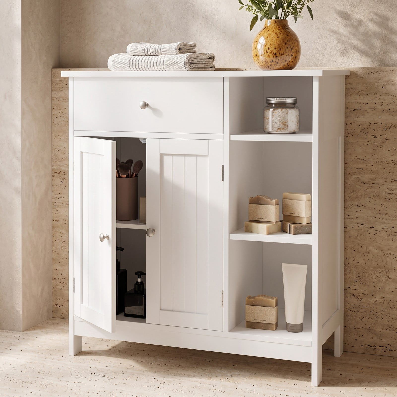 ALPULON Bathroom Floor Storage Cabinet with Drawer and 3 Open Compartments, Freestanding MDF Organizer Cabinet with Adjustable Shelf and Anti-Tip Device for, White
