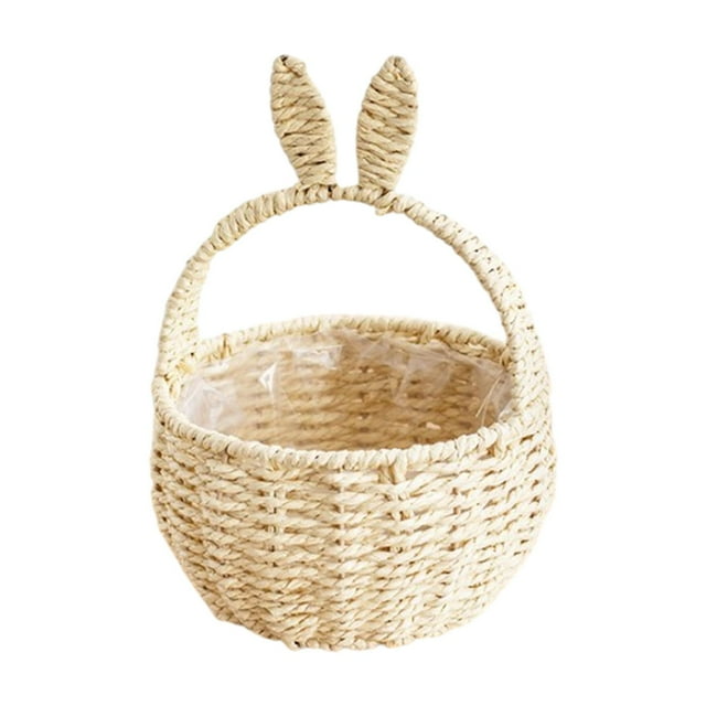 Ohufall Imitation Rattan Easter Flower Basket Handheld Paper Rope Woven Basket Bunny Ear Easter Decor For Flower Arrangement Green Plants