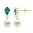 thumbnail image 3 of Rosec Jewels Freshwater Pearl Drop Earrings with Lab Grown Emerald and Diamond - AAA Grade, 18K Yellow Gold, 3 of 6