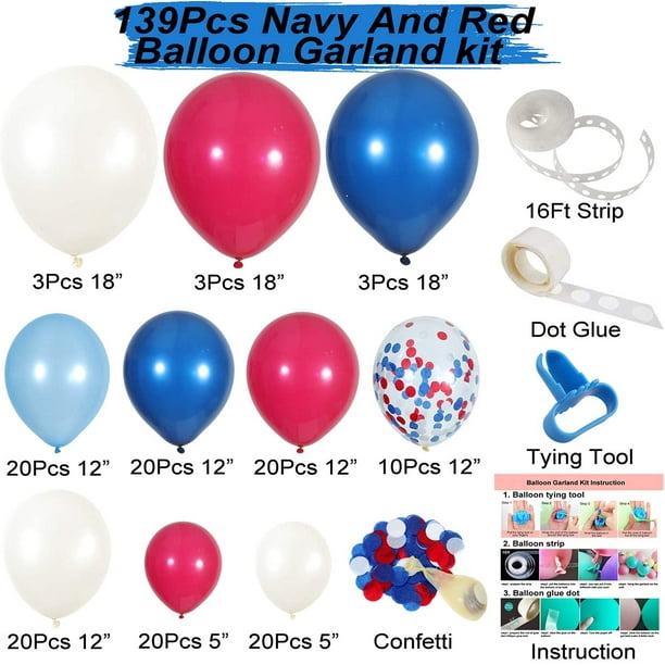 Ballon Rouge Blanc Bleu Guirlande de Ballon Kit Arche de Ballon avec 16ft  Ballon Stripe Tape