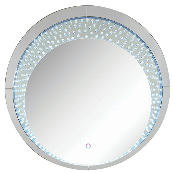 Round Accent Wall Decor with LED Bulb and Beveled Edges, Silver- Saltoro Sherpi