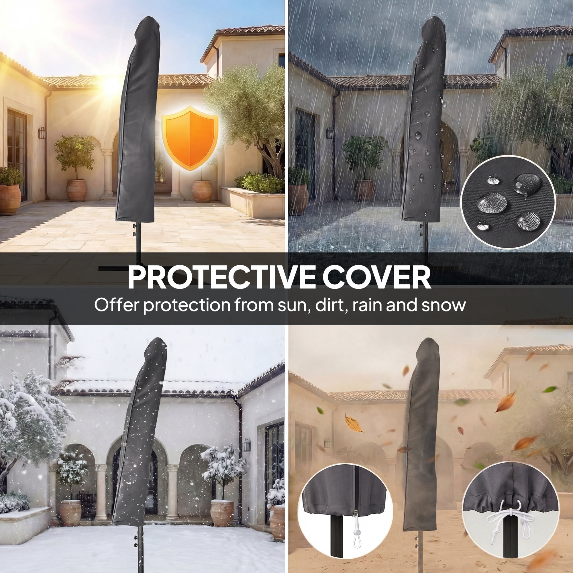 Outsunny 10 ft Cantilever Patio Umbrella with Solar LED Light, Sandbag Weight, Offset Hanging Outdoor Umbrella with Protective Cover, Cream White