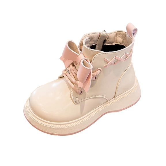 Kids Girls Leather Ankle Boots Toddler Wide Toe Box Cute Bows Combat Booties Platform Non Slip Dress Shoes Beige Size 1 Big Kids