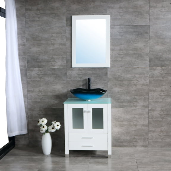 Wonline 24" White Wood Bathroom Vanity Cabinet Combo Countertop with Mirror