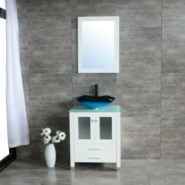 W 24 White Wood Bathroom Vanity, Vanity And Cabinet Combo