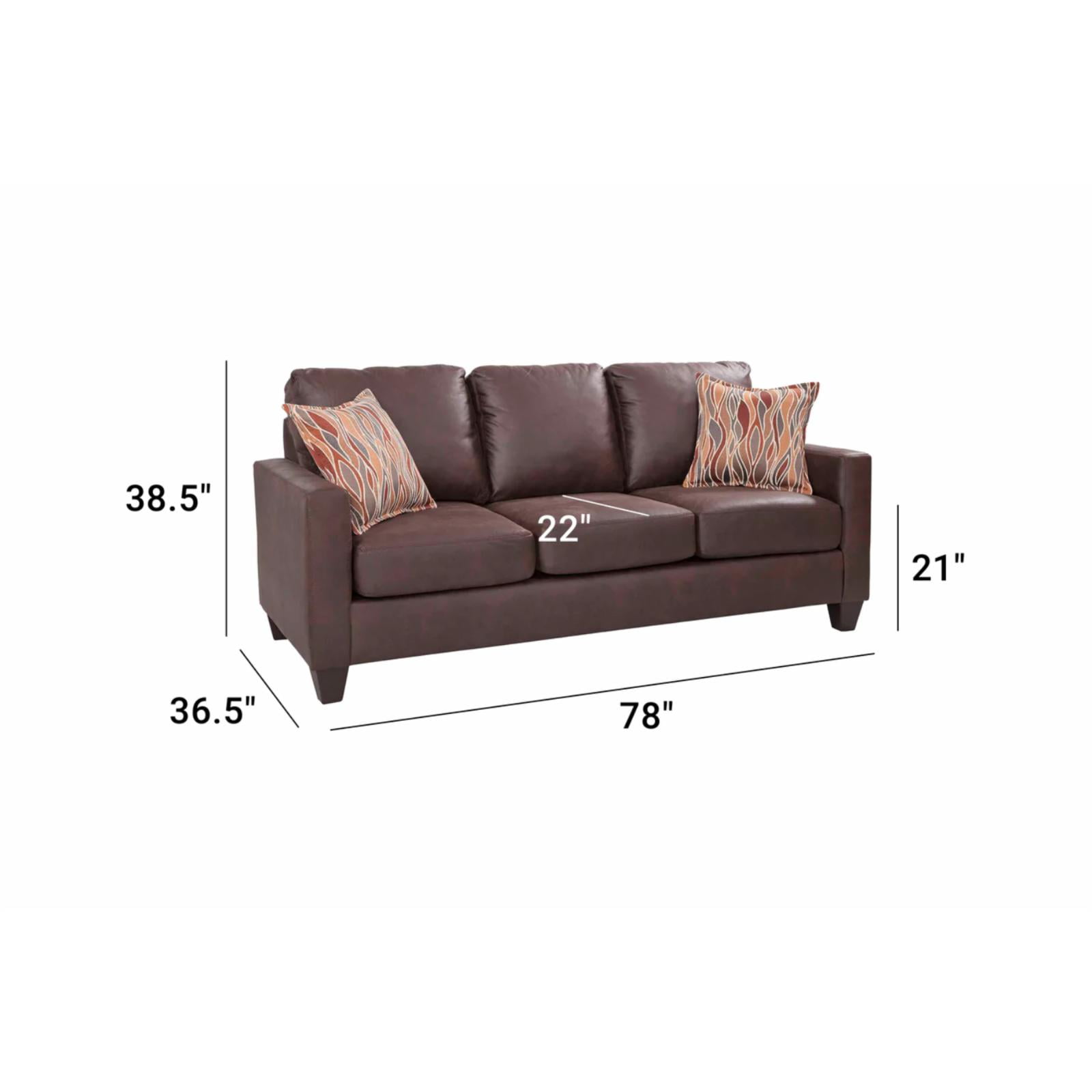 Furniture Classics Square Arm Sofa in Pinto Brown Faux Leather with Two Accent Pillows